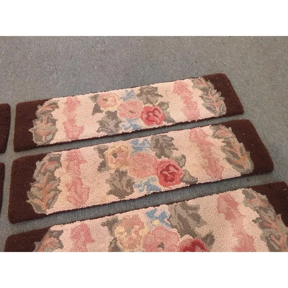 10 Antique Primitive Country Handmade Hook Wool Hooked‎ Stair Treads Floral Rug